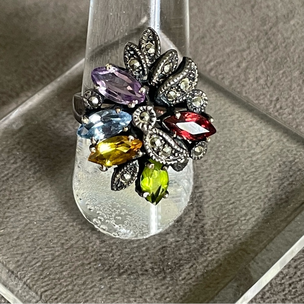 Sterling Silver Multi-Color Gemstone Marquis Shaped Marcasite Ring